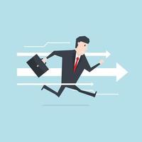 Businessman runs forward to success with arrow background. vector