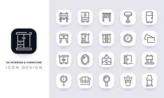 Line art incomplete interior and furniture icon pack. vector