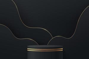 Abstract 3D black cylinder pedestal or stand podium with golden line vector