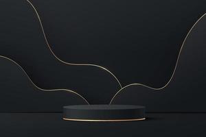 Abstract 3D black cylinder pedestal podium with golden line vector