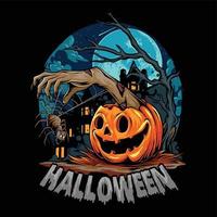 halloween con calabaza repartiendo manos de zombie con araña aterradora vector