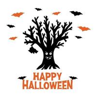 árbol divertido seco con murciélagos colgantes y murciélagos voladores tarjeta de feliz halloween vector