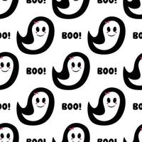 Cute girl ghost with pink blush, bow and boo word, seamless pattern vector