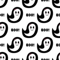 Cute girl ghost with pink blush, bow and boo word, seamless pattern vector