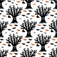 Dry funny tree with hanging and flying bats, seamless pattern vector