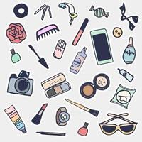 Sticker beauty items set. Hand drawn cartoon fashion vector