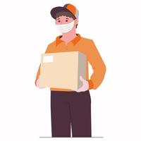 Secure parcel delivery to your home. Mail worker in mask and gloves. vector