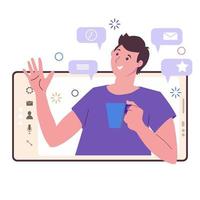 Young man using smartphone for video call or videoconference. vector