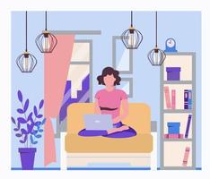 Work online from home and freelance. A girl in a lotus vector