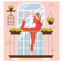 Stay at home. Yoga online on balcony. Sports and training vector