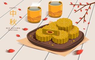 Mooncake and Tea in Mid Autumn Concept vector