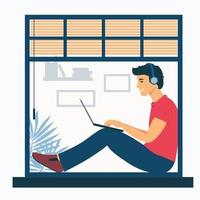 A man sits on a window sill with a laptop. Freelancer guy vector