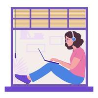 Girl sits on a window sill with a laptop. Freelancer vector