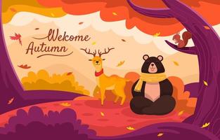 Bear, Deer, and Squirell at Autumn Scenery vector