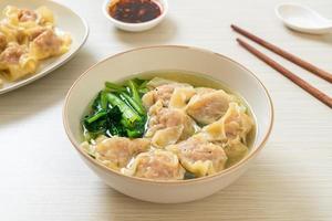 Pork wonton soup or pork dumplings soup with vegetable - Asian food style photo
