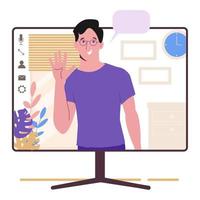 hablando por Internet. hombre en la pantalla del monitor. trabajar desde casa, autónomo vector