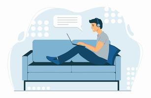 A man with a laptop sits on the sofa. Freelancer listens to music vector