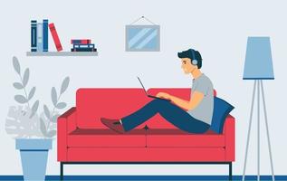 A man with a laptop sits on the sofa. Freelancer listens to music. vector