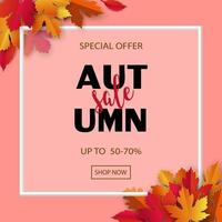 temporada de descuento con banner de venta de otoño o otoño en hojas de colores vector