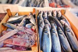 Comida para peces en un puesto de mercado de pescado. foto
