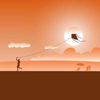 man playing kite on the beach at sunset vector