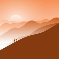 two hikers walking in mountains at sunset with orange gradient shade vector