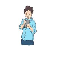 boy with blue shirt holding smartphone vector