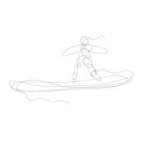 dibujo continuo de una línea surfista vacaciones mar ola vector