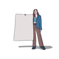 modern businesswoman with glasses holding big blank sign vector