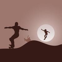 three skateboarders jumping on a ramp vector