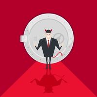 Devil businessman standing in front of a safe door. vector