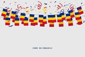 Romania garland flag with confetti on gray background. vector