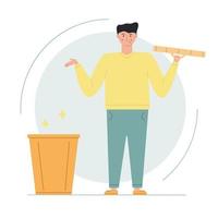Young man holds trash can lid in his hand, an empty mail basket vector