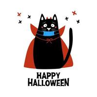 gato con máscara, disfraz de vampiro con cuernos y capa y feliz halloween vector
