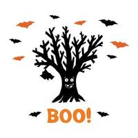 Dry funny tree with hanging bat and flying bats. Orange boo word vector