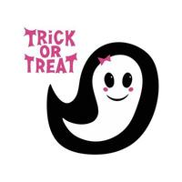 Cute girl ghost with pink blush, bow and trick or treat lettering vector