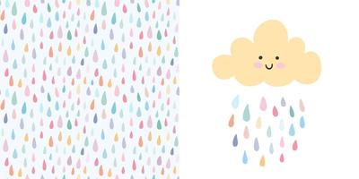 Kid nursery set - vector baby cloud, seamless pattern raindrops.
