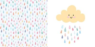 Kid nursery set - vector baby cloud, seamless pattern raindrops.