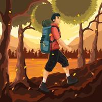 Hiking on Autumn Forest with Lake Background vector
