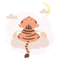 tiger sits on cloud with his back to us and looks up at sky and moon vector