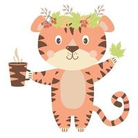 Cute tiger in a wreath of autumn leaves  with a cup   his paw vector