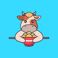 Cute cow eating ramen noodles. vector