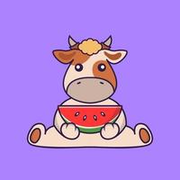 Cute cow eating watermelon. vector
