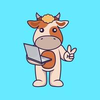 Cute cow holding laptop. vector