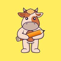 Cute cow holding a pencil. vector