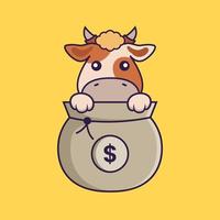 Cute cow playing in money bag. vector