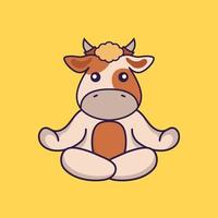 Cute cow is meditating or doing yoga. vector