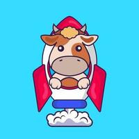 Cute cow flying on rocket. vector