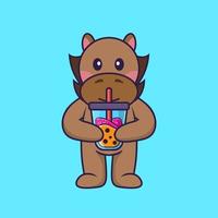 Cute horse Drinking Boba milk tea. vector