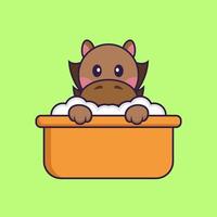 Cute horse taking a bath in the bathtub. vector